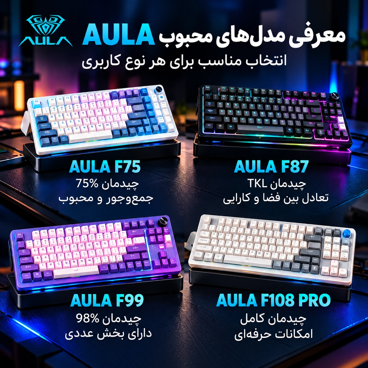 معرفی مدل‌های محبوب کیبورد AULA شامل F75 و F87 و F99 و F108 PRO