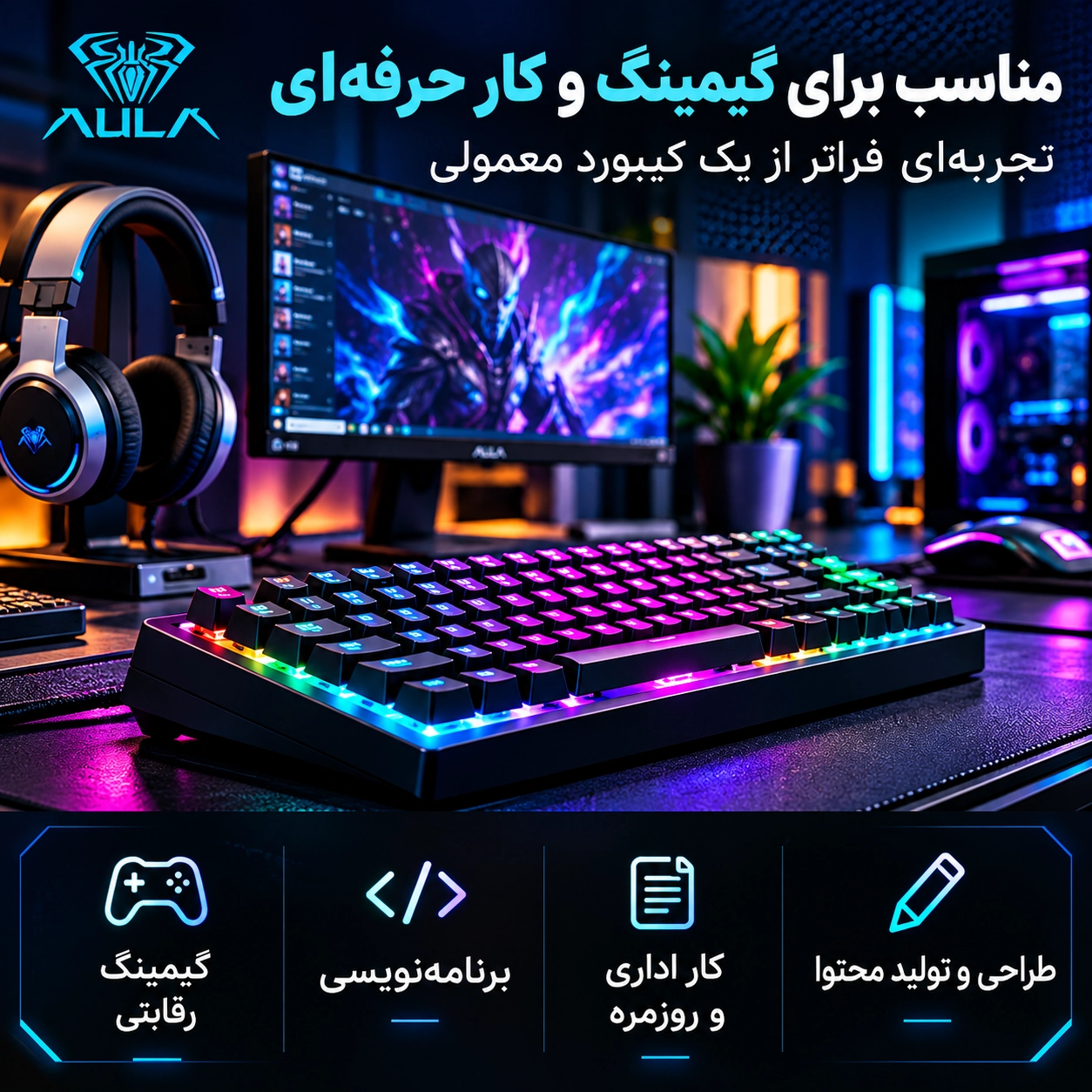 کیبورد AULA در محیط گیمینگ و کار حرفه‌ای برای بازی، برنامه‌نویسی و تولید محتوا